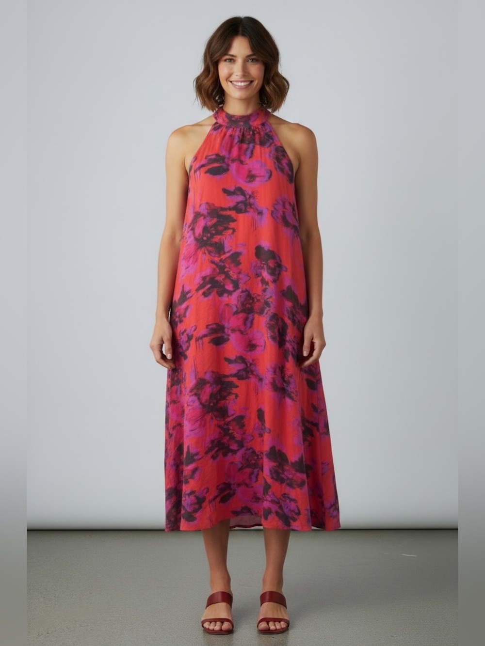 COS NWOT Bright Abstract Floral Sleeveless Swing Midi Dress Size 8 Red-Pink